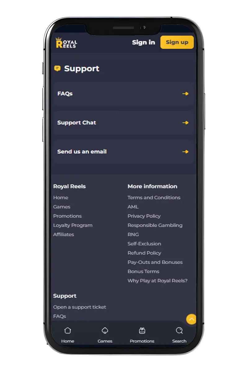 Screenshot of support service sections